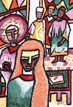 Kolawole Olayinka (Ife, Nigeria) <b>Die arme Witwe</b> "Diese arme Witwe hat mehr in den Opferkasten hineingeworfen als alle anderen." (Mk 12, 43) Originaltitel: The old widow Acryl, Papier 35 x 50 cm (ungerahmt) 54 x 70 cm (gerahmt) Copyright: © missio Aachen <b>unverkäuflich</b> Auch im missio-Kunstkalender 2007 "Künstler für missio" unter dem Titel "Das Scherflein der armen Witwe": Barmherzigkeit beginnt dort, wo wir uns selbst verschenken. Diese Frau lässt alle anderen klein und unwichtig werden. Alle Pharisäer und Schriftgelehrten, die Gottesdiener und die Reichen. Jesus rückt die Witwe und ihr Scherflein in den Mittelpunkt.  Das Bild gewann den missio-Kunstpreis 1993.