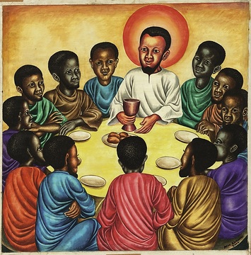<b>Das letzte Abendmahl</b> In der Runde der versammelten Jünger sitzt Jesus am Tisch. Die Apostel unterscheiden sich deutlich durch die Farben ihrer Gewänder, Symbol für die Farbigkeit der Menschheit. Nur sechs Teller sieht man auf dem Tisch, und in der Mitte liegen nur wenige Brote: man wird teilen müssen. "Und er nahm das Brot und brach es." Miteinander Mahl halten heißt miteinander teilen. Originaltitel: The last Supper Acryl auf Leinwand (2002) 77x77 cm incl. Rahmen Rahmen: Holz, silber Copyright: © missio Aachen <b>Unverkäuflich</b>