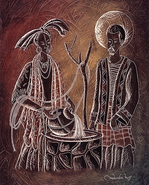 Die Samariterin am Jakobsbrunnen, missio-Kunstkalender 1995 Junge Künstler in Afrika