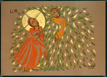 <b>Jesus und der Zöllner Zachäus</b> Wasserfarben, Papier (1988) 84x67 cm incl. Rahmen Rahmen: Metall, bronzefarben, Glas Copyright: © missio Aachen <b>unverkäuflich</b>