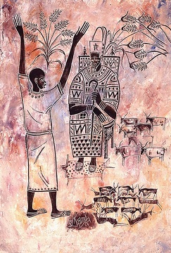 <b>Josef und der Pharao</b> Josef deutet die Träume des Pharao. Dieser träumte, dass die mageren Kühe sieben fette Kühe fraßen, und die vertrockneten Ähren fraßen die vollen Ähren. Josef kündigt die sieben Plagen über Ägypten an als Strafe für die Verweigerung des Auszugs der Israeliten aus Ägypten. Originaltitel: Joseph devant le pharaon Peinture Grattée, Leinwand (1992) 42x57 cm mR Rahmen: Bild kaschiert, Lackrahmen, schwarz Copyright: (c) missio Aachen <b>unverkäuflich</b>