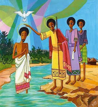 <b>Die Taufe Jesu</b> In Äthiopien wird <i>Tikmat</i>, das Fest der Taufe Jesu, farbenfroh und aufwändig gefeiert, besonders in der Nähe von Flussläufen und Wasserbecken. Denn durch die Zeremonie der Taufe Jesu wird das Wasser geheiligt. In Gestalt der Taube verleiht der Heilige Geist der Schöpfung Leben. Jesu Taufe lebt weiter in jeder Taufe, durch die wir als Kinder Gottes neu geboren werden. Originaltitel: Baptism of the Lord Acryl auf Leinwand 44,5x47,5 cm   mR Rahmen: Holz, gelb Copyright: (c) missio Aachen <b>unverkäuflich</b>