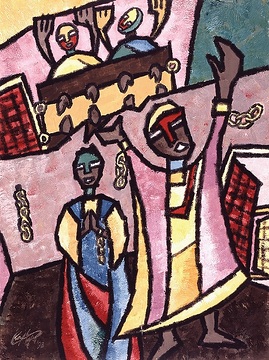 Kolawole Olayinka (Ife, Nigeria) <b>Petrus und Silas im Gefängnis</b>.  Originaltitel: Peter and Silas in Prison Acryl, Papier (1993) 35x50 cm oR 49x58 cm mR Rahmen: Holz, braun, Glas Copyright: © missio Aachen <b>unverkäuflich</b>