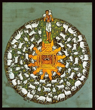 <b>Der Gute Hirte (Ich bin der gute Hirt)</b> Das Bild wird bestimmt von der Zahl 12 und hat die Gestalt der Sonne. Die Schafe sind auf 11 Segmente verteilt (11x9). Im zwölften Segment steht der gute Hirt, der mit dem verlorenen Schaf zu den 99 Schafen zurückkehrt. Auch das Tor in der Mitte ist ein Symbol Christi, der gesagt hat: Ich bin die Tür zu den Schafen. Originaltitel: The Good Shepherd (1971) 54 x 67 cm (gerahmt) Copyright: © missio Aachen <b>unverkäuflich</b>