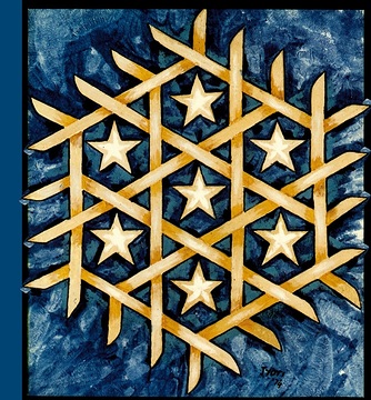 <b>Die sieben Sterne (Sternstunden)</b> Das Sternengeflecht erinnert an die geflochtenen Laubkränze aus Mangoblättern, die in den Dörfern Südindiens über den Hauseingang gehängt werden und Symbol der Liebe sind. Die Sternenkrone weist auf Maria hin, die Gott aus Liebe mit den Lichtern des Himmels gekrönt hat. Originaltitel: The seven star-sign of Mary (1974) Wasserfarben, Papier 54 x 67 cm (gerahmt) Copyright: © missio Aachen <b>unverkäuflich</b>