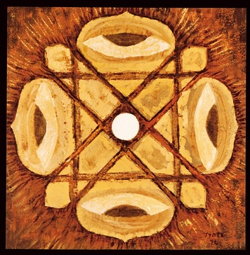 <b>Brot des Lebens</b> In einem Lotos-Mandala umschließen vier Kelche kreuzförmig die Hostie – Zeichen des eucharistischen Opfers. Der weiße Kreis der Hostie erinnert auch an die indische Idee der "Sunya" oder des "Nichts", die sowohl Leere wie Fülle bedeutet. Die Kelche werden dann zum Sinnbild des Kosmos, dessen Mitte das menschgewordene Wort ist, in Fülle und Entäußerung zugleich. Öl, Papier 54 x 56 cm (gerahmt) Copyright: © missio Aachen <b>unverkäuflich</b>