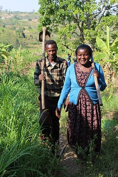 Spéciose Mukamurenzi und ihr Mann Jean Mbonyumugenzi arbeiten als  ehrenamtliche Familienhelfer in ihrem Heimatdorf. Hier: Rückkehr von der Feldarbeit.
